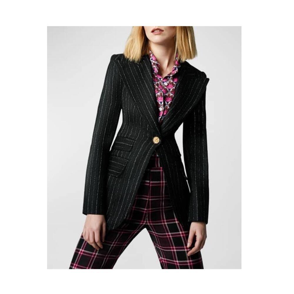 Smythe Birkin Pinstripe Virgin Wool Fitted Cutaway Blazer Jacket In Black size 6